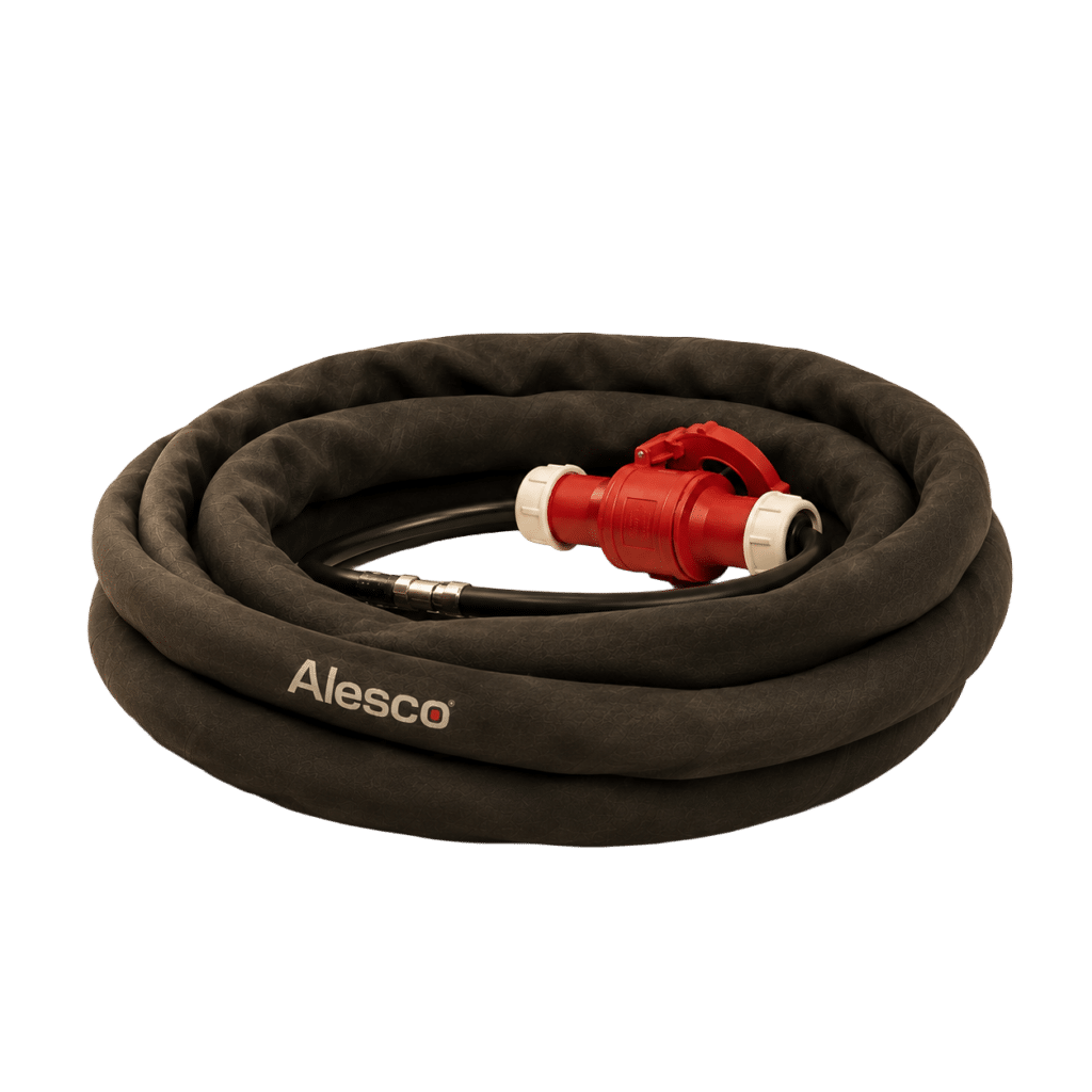 Coiled black hose with a red quick-connect coupling and white fittings, branded Alesco, ready for use.